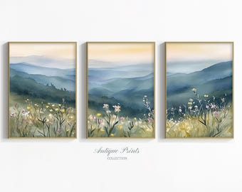 Floral Landscape Set of 3 Split Print, Watercolor Country 3 Pieces Cottage Wall Art, French Country Painting, Farmhouse Decor - PRINTABLE