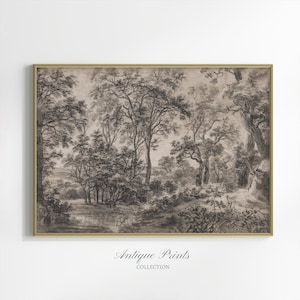 Landscape Sketch Art, Neutral Antique Forest Drawing, Vintage Rustic Cottage Wall Art, Botanical Farmhouse Decor, Printable Digital Download