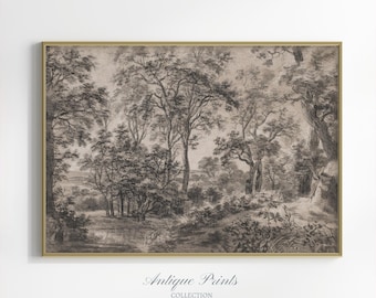 Art de croquis de paysage, dessin neutre de forêt antique, art mural de cottage rustique vintage, décoration de ferme botanique, téléchargement numérique imprimable