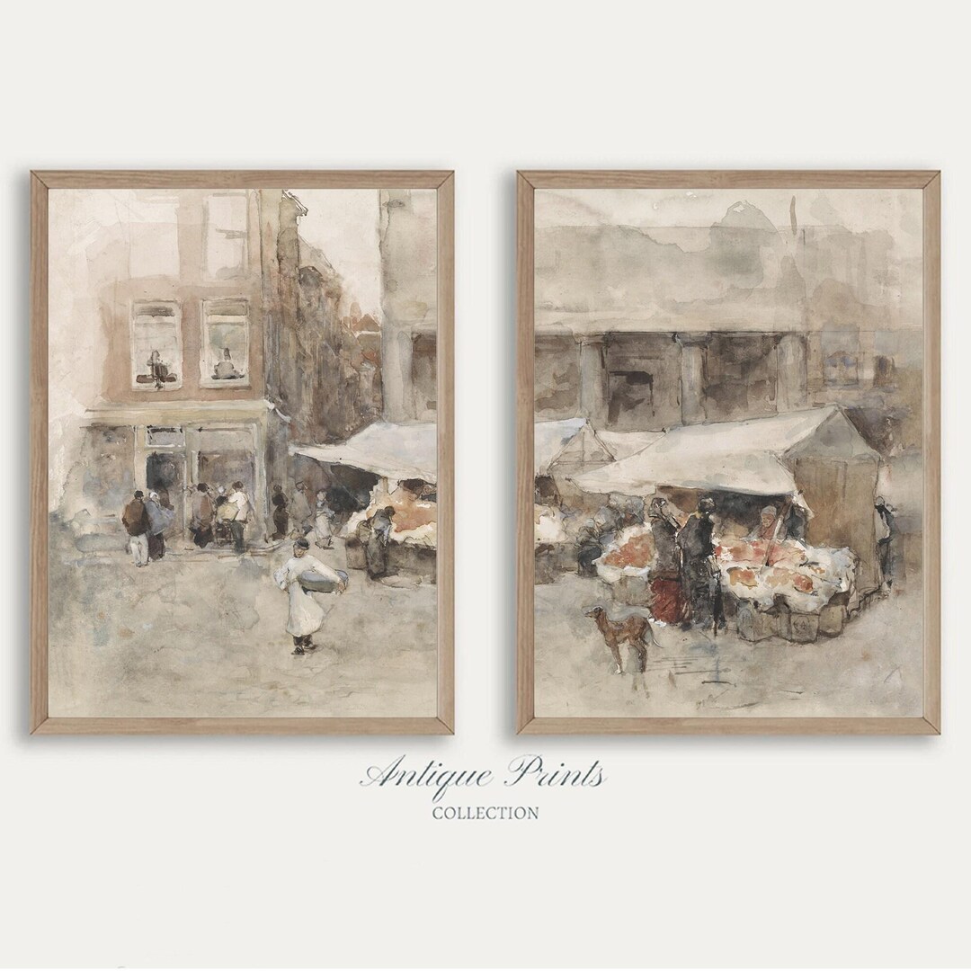 Flower Market Set of 2 Vintage Prints, Watercolor Neutral Cityscape ...