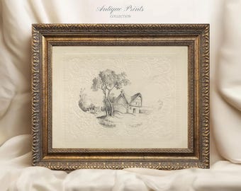 Neutral Botanical Print, Vintage Tree Sketch Art, Neutral Etching Drawing, Antique Horizontal Farmhouse Decor, PRINTABLE