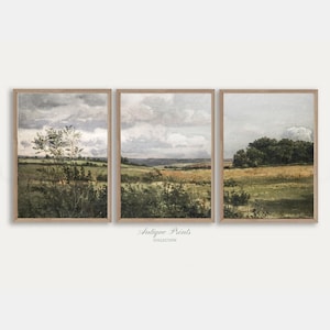 Neutral Country 3 Pieces Vintage Wall Art, Fields Landscape Set van 3 Split Prints, Plattelandsschilderij, Rustiek Boerderij Decor - AFDRUKBAAR