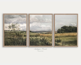 Neutral Country 3 Pieces Vintage Wall Art, Fields Landscape Set of 3 Split Prints, Countryside Painting, Rustic Farmhouse Decor - PRINTABLE