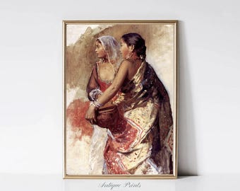Portrety kobiet w stylu vintage z Indii, tradycyjna sztuka ścienna z Indii, antyczne wydruki z Indii, wystrój wnętrz w stylu vintage z Indii – DO DRUKU