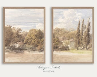 Fall Landscape 2 Pieces Wall Art, Vintage Set of 2 Autumn Countryside Painting, Autumn Split Print, Antique Farmhouse Decor - PRINTABLE