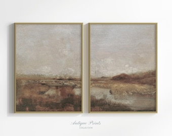 Landscape Oil Painting, Vintage Fall Countryside 2 Pieces Wall Art, Country Set of 2 Prints, Antique Rustic Farmhouse Decor - PRINTABLE