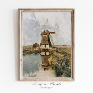 Arte mural imprimible de un antiguo molino de viento de Duch, pintura al óleo de paisaje campestre, impresión vintage de un lago, arte mural grande de estilo rústico de granja - IMPRIMIBLE