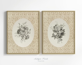 Neutral Floral Wall Art, Vintage Cottage Nursery Art, Digital Download, Botanical Prints Set of 2, Floral Sketch, Farmhouse Decor, Printable
