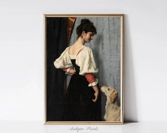 Vintage Portrait Painting of Woman, Woman with Dog Printable Wall Art, Antique Portrait Oil Painting, Moody European Print  - PRINTABLE