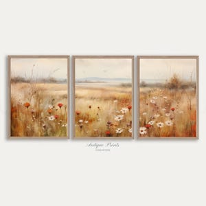 Autumn Wildflower Field Set of 3 Prints, Country 3 Pieces Fall Wall Art, Landscape Painting, Neutral Split Print, Farmhouse Decor, PRINTABLE