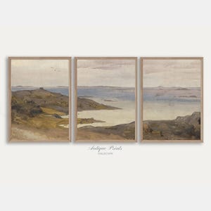 Coastal Set of 3 Split Prints, Neutral Seascape Painting, Soft Tones 3 Pieces Vintage Wall Art, Antique Coastal Decor - PRINTABLE