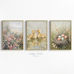 Sztuka ścienna Ester, zestaw 3 wiosennych dzieł sztuki ściennej, zestaw ścienny do wydrukowania z galerią kwiatów, malowanie pisanek, wystrój wielkanocnego domu