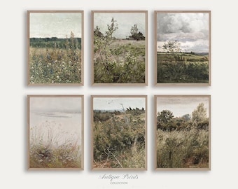 Wildflower Field Set of 6 Prints, Country 6 Pieces Vintage Wall Art, Landscape Painting, Neutral Gallery Wall, Farmhouse Decor - PRINTABLE