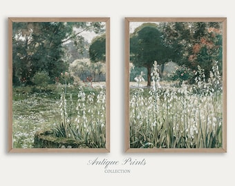 Spring Country 2 Pieces Vintage Wall Art, Wildflower Field Set of 2 Split Prints, Neutral Landscape Painting, Farmhouse Decor - PRINTABLE