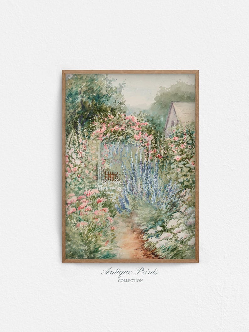 Flowers Garden Painting, Vintage Spring Cottage Wall Art, Antique Watercolor Flower Print, Floral Farmhouse Wall Decor - PRINTABLE image 5