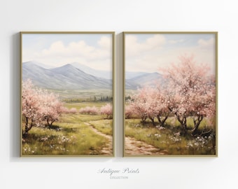 Floral Set of 2 Prints, Spring Country Landscape 2 Pieces Wall Art, Cherry Blossom Painting, Farmhouse Decor - PRINTABLE