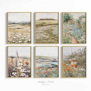 Landscape Prints Set of 6, Printable Wildflower 6 Pieces Wall Art, Vintage Country Painting, Neutral Spring Gallery Wall, Farmhouse Decor