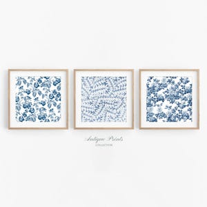 Set of 3 Botanical Square Drawing, Vintage Chinoiserie Wall Art, Blue and White Botanical Gallery Wall Set, Floral Pattern Prints, PRINTABLE
