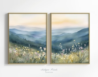 Floral Landscape Set of 2 Split Print, Watercolor Country 2 Pieces Cottage Wall Art, French Country Painting, Farmhouse Decor - PRINTABLE