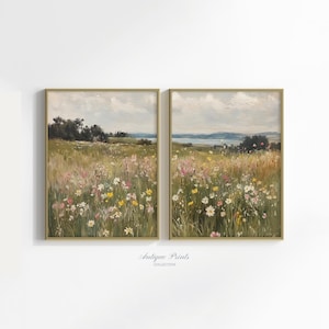 Floral Landscape Set of 2 Split Print, Country 2 Pieces Cottage Wall Art, French Country Oil Painting, Farmhouse Decor - PRINTABLE