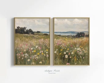 Floral Landscape Set of 2 Split Print, Country 2 Pieces Cottage Wall Art, French Country Oil Painting, Farmhouse Decor - PRINTABLE