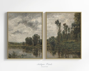 May include: Two framed landscape prints. The left print shows a lake under a cloudy sky, and the right print depicts trees by water. The prints have a vintage aesthetic with muted colours.