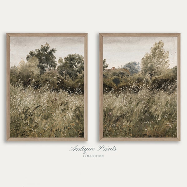 Neutral Landscape 2 Pieces Vintage Wall Art, Wildflower Field Set of 2 Split Prints, Country Painting, Rustic Farmhouse Decor - PRINTABLE