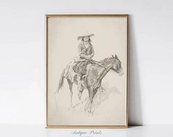 Vintage Cowboy Drawing, Cowboy Sketch, Horse Wall Art, Equestrian Painting, Cowboy Print, Antique Farmhouse Western Wall Decor - PRINTABLE