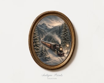 Christmas Train Print: Vintage Winter Landscape Holiday Wall Art, Festive Decor (Digital Download)