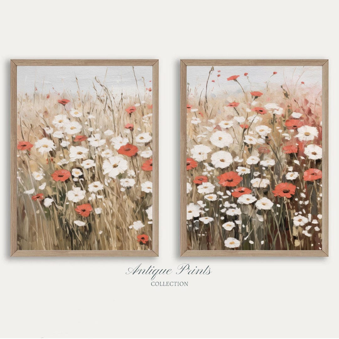 Wildflower Landscape Wall Art, Poppies Field Set of 2 Painting, Spring ...