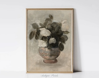 Vintage Roses Vase Painting, Warm Neutral Flowers Still Life Painting, Antique Floral Botanical Print, Farmhouse Decor - PRINTABLE