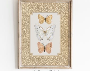 Vintage Butterfly Art Print, Cottagecore Neutral Decor, Digital PRINTABLE Download, Antique Moth Wall Art, Butterfly Drawing for Nursery