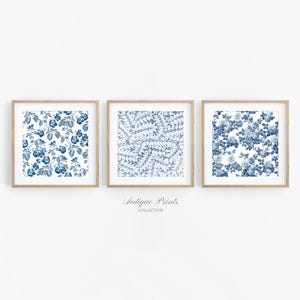 Chinoiserie Wall Art, Blue and White Set of 3 Square Prints, Vintage Floral Botanical Painting, Farmhouse Decor, Cottage Wall Art