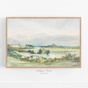 Spring Countryside Painting, Vintage Country Landscape Painting, Antique Watercolor Wall Art, Neutral Farmhouse Artwork - PRINTABLE