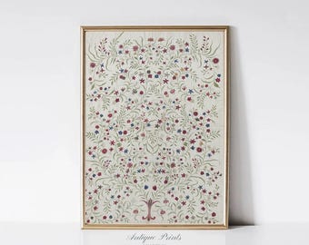 Textilväggkonst, Vintage neutral gobelängväggkonst, Vintage textilblomtryck, Botanisk gobelängkonst, Lantlig väggdekoration - UTSKRIVBAR