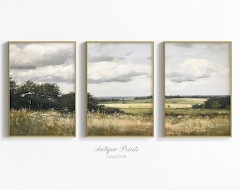 Landschap 3 stuks vintage muurkunst, neutraal land set van 3 gesplitste prints, landschap schilderij, rustieke boerderij decor - AFDRUKBAAR