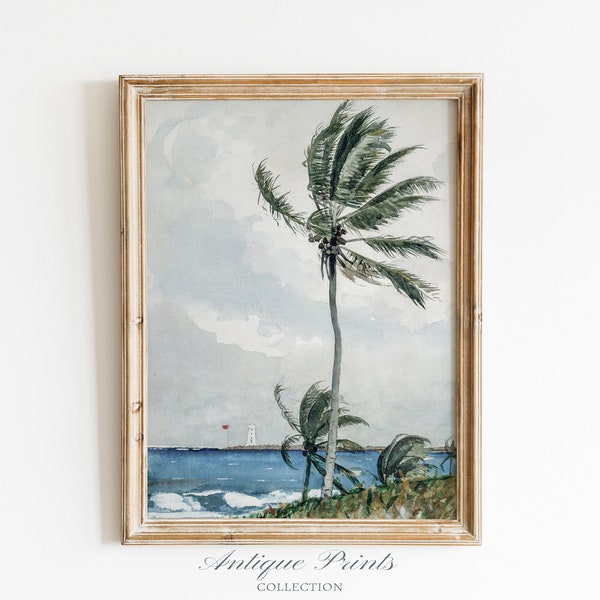 Aquarelle tropicale vintage, impression de palmier antique, art mural vintage de mauvaise humeur océan, décoration murale chalet de plage - imprimable