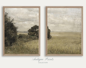 Muted Country Set of 2 Split Print, Neutral Landscape 2 Pieces Vintage Wall Art, Countryside Painting, Rustic Farmhouse Decor - PRINTABLE
