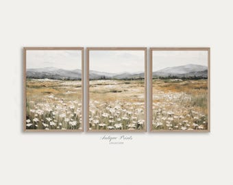 Neutral Wildflower Field Set of 3 Prints, Muted Country 3 Pieces Vintage Wall Art, Landscape Painting, Spring Farmhouse Decor - PRINTABLE
