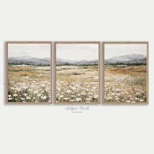 Neutral Wildflower Field Set of 3 Prints, Muted Country 3 Pieces Vintage Wall Art, Landscape Painting, Spring Farmhouse Decor - PRINTABLE