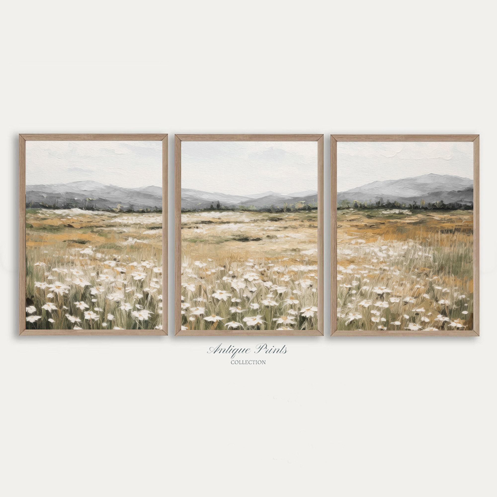 Neutral Wildflower Field Set of 3 Prints, Muted Country 3 Pieces Vintage Wall Art, Landscape Painting, Spring Farmhouse Decor - PRINTABLE