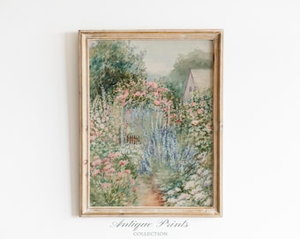 Flowers Garden Painting, Vintage Spring Cottage Wall Art, Antique Watercolor Flower Print, Floral Farmhouse Wall Decor - PRINTABLE