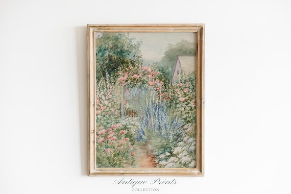 Flowers Garden Painting, Vintage Spring Cottage Wall Art, Antique Watercolor Flower Print, Floral Farmhouse Wall Decor - PRINTABLE