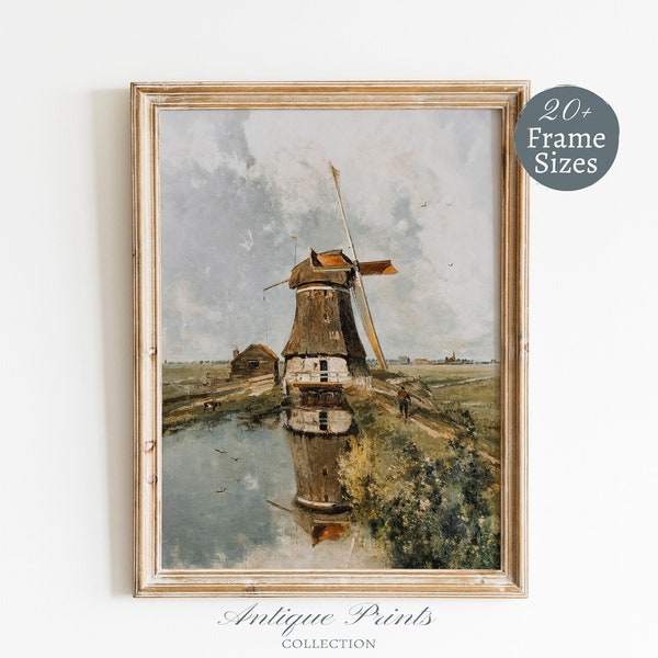 Antique Duch Windmill Printable Wall Art, Country Landscape Oil Painting, Lake Vintage Print, Rustic Farmhouse Large Wall Art - PRINTABLE