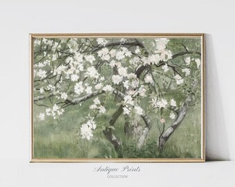 White Flowers Painting Vintage, Gardern Wall Art, Antique Neutral Wall Art, Floral Botanical Print, Farmhouse Nursery Decor - PRINTABLE