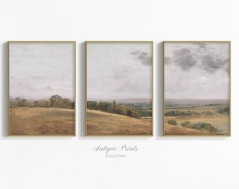 Neutral Landscape Prints Set of 3, Country 3 Pieces Wall Art, Vintage Countryside Painting, Rustic Farmhouse Decor - Digital Printable Art
