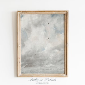 Vintage Cloud Wall Art, Neutral Sky Painting, Cloudy Sky Large Wall Art, Nursery Decor, Antique Birds in the Sky Print -  PRINTABLE