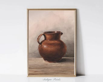 Vintage Kitchen Still Life Print, Antique Pots Printable Wall Art, Rustic Farmhouse Kitchen Wall Decor, Pitcher Painting