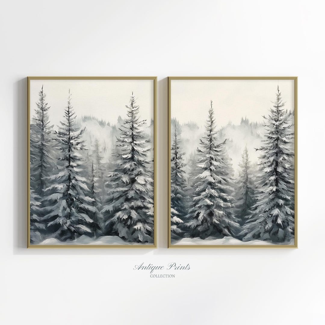 Winter Pine Forest Wall Art Set of 2, Snowy Christmas Prints, Rustic ...