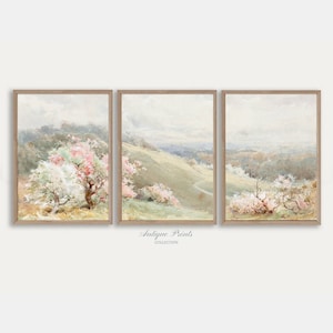 Summer 3 Pieces Wall Art, Vintage Floral Landscape Set of 3 Split Print, Watercolor Neutral Spring Painting, Nursery Decor - PRINTABLE